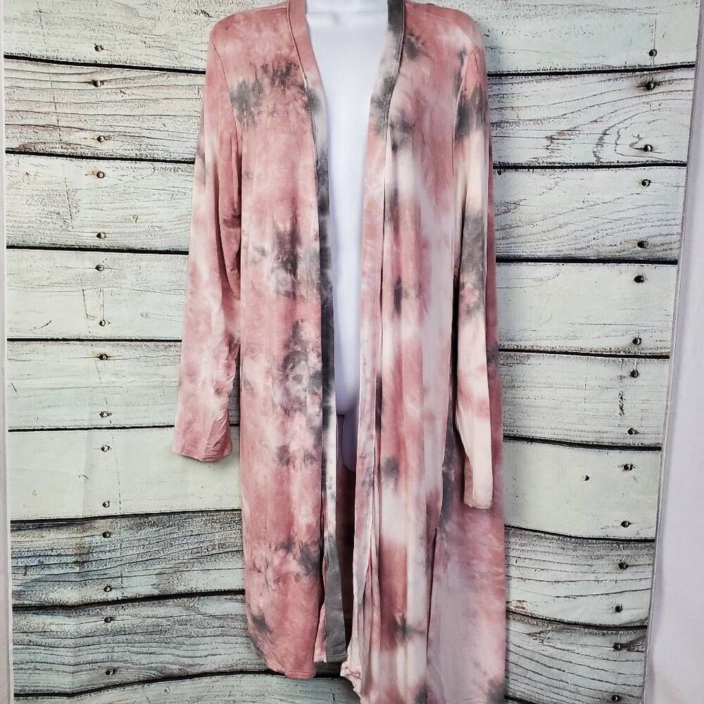 Maurices Pink Gray Tie Dye Long Drape Cardigan Open Front Lightweight L